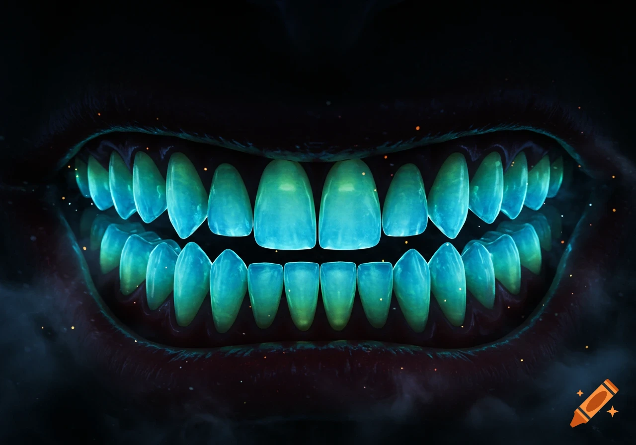 A close-up of a wide-open mouth revealing many glowing, blue-green, sharp teeth against a dark background with small, sparkling particles.
