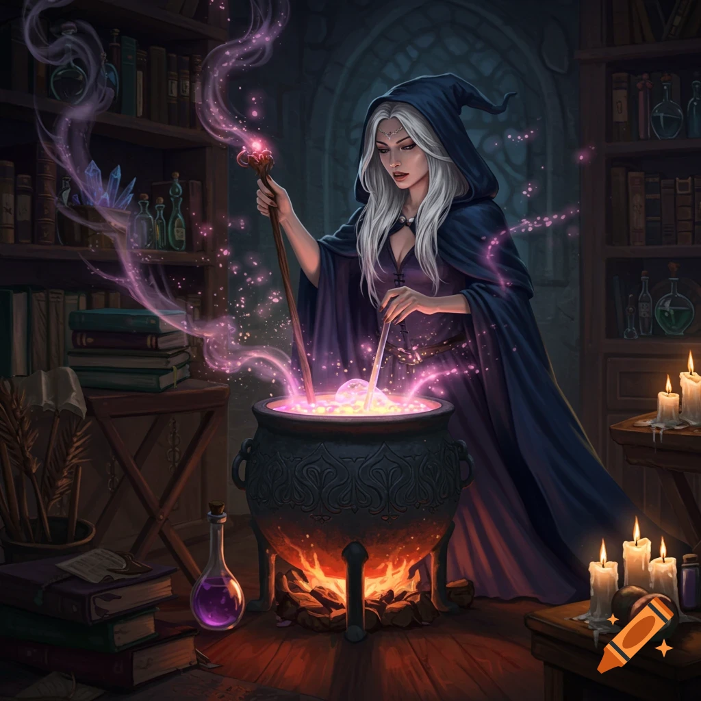 A witch with white hair and a dark robe stirs a glowing, bubbling potion in a large cauldron in a dimly lit, book-filled room.