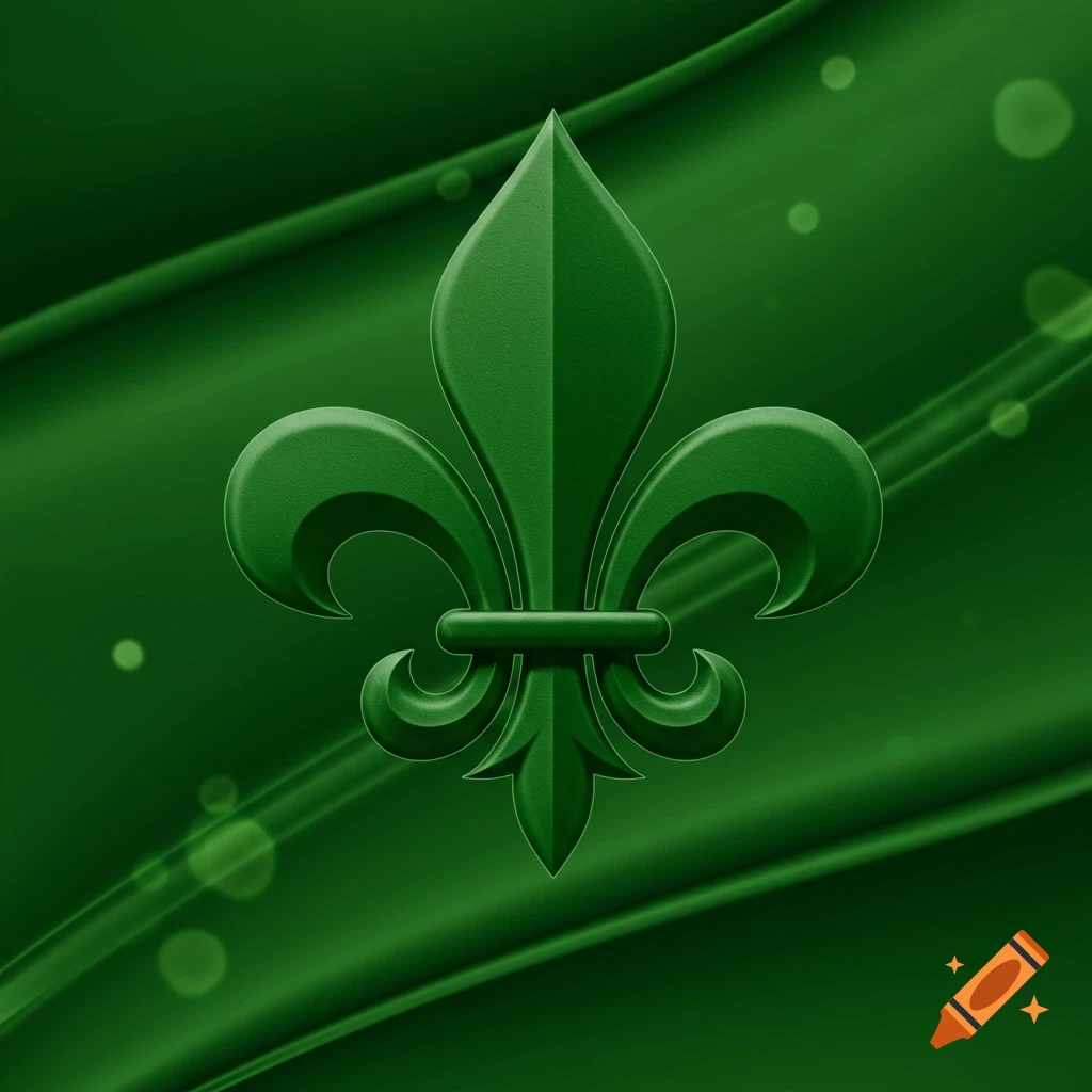 A vibrant green 3D fleur-de-lis emblem with a textured surface, set against a dark green wavy background with subtle bokeh effects.