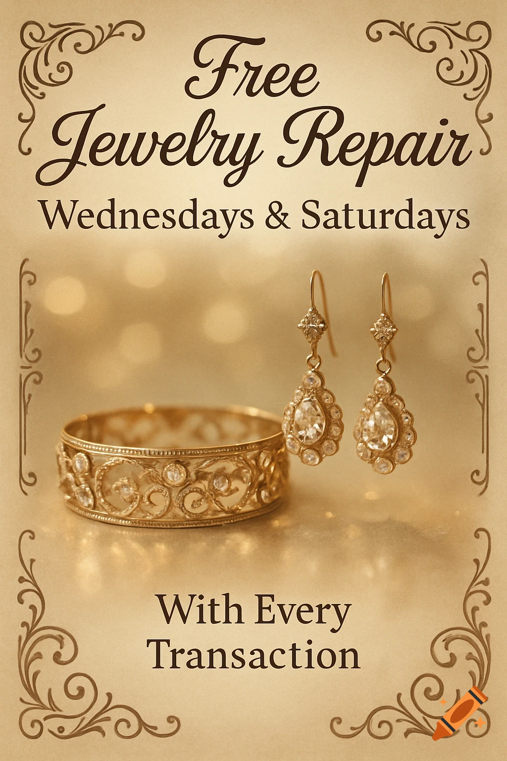 A vintage-style flyer with a sepia tone, advertising free jewelry repair. It features a gold bracelet and a pair of dazzling gold earrings with clear gemstones.