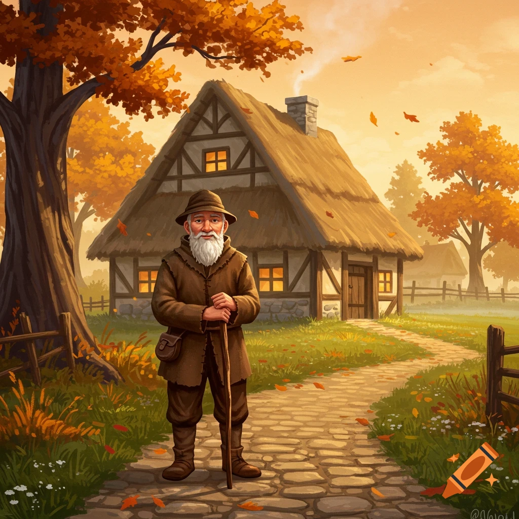 An old man with a long white beard stands on a stone path holding a stick in front of a thatched-roof house and autumn trees.