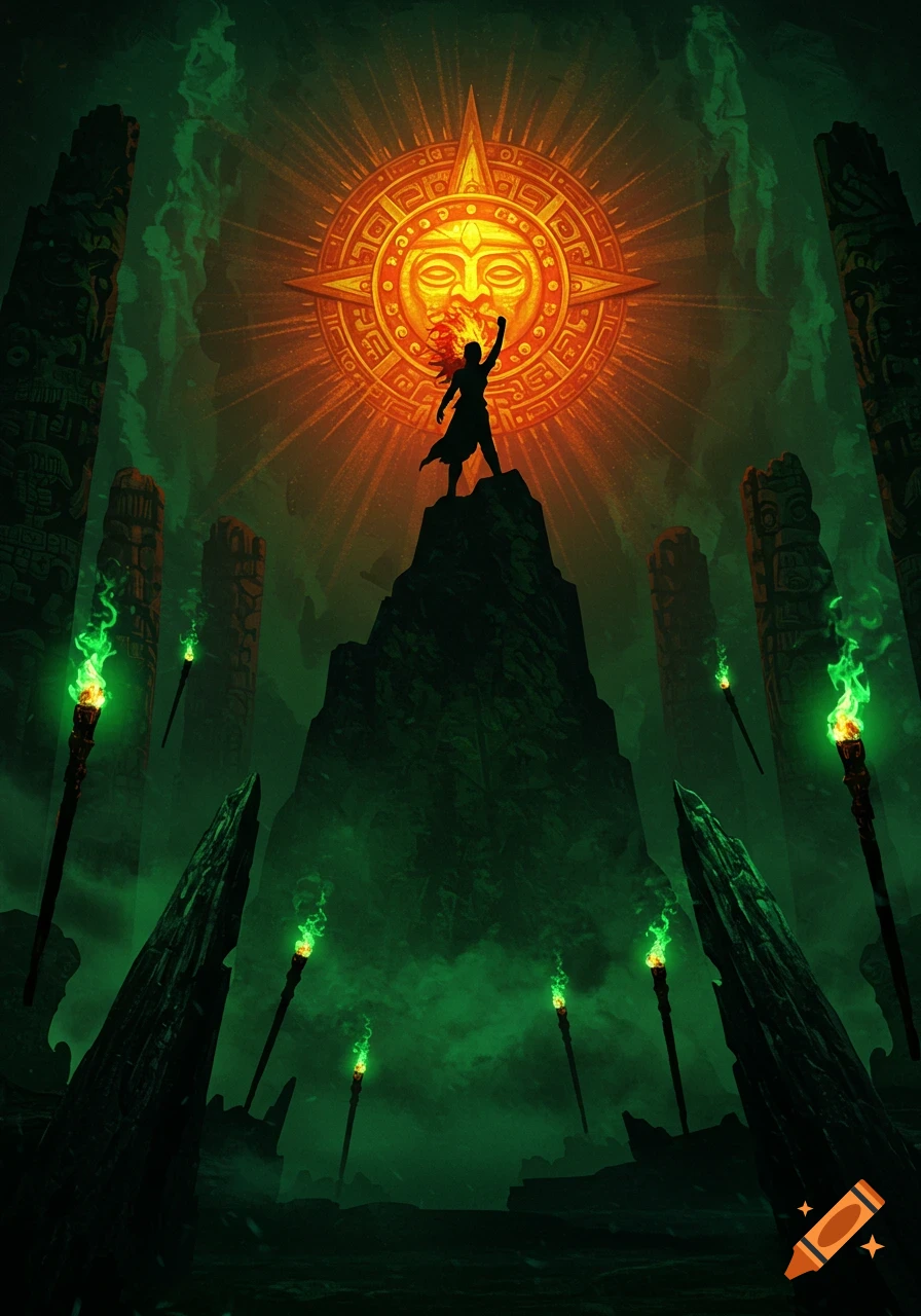 Silhouette of a woman on a cliff under a glowing Aztec sun in a dark, green-lit realm with totem poles.