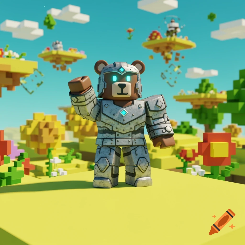 A blocky bear character in silver armor with glowing blue eyes stands on a yellow platform in a vibrant, blocky fantasy world.