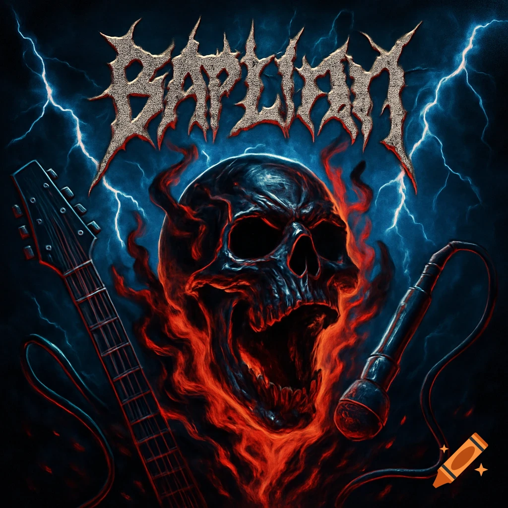 A dark album cover featuring a flaming skull, a guitar, a microphone, and lightning bolts in the background.