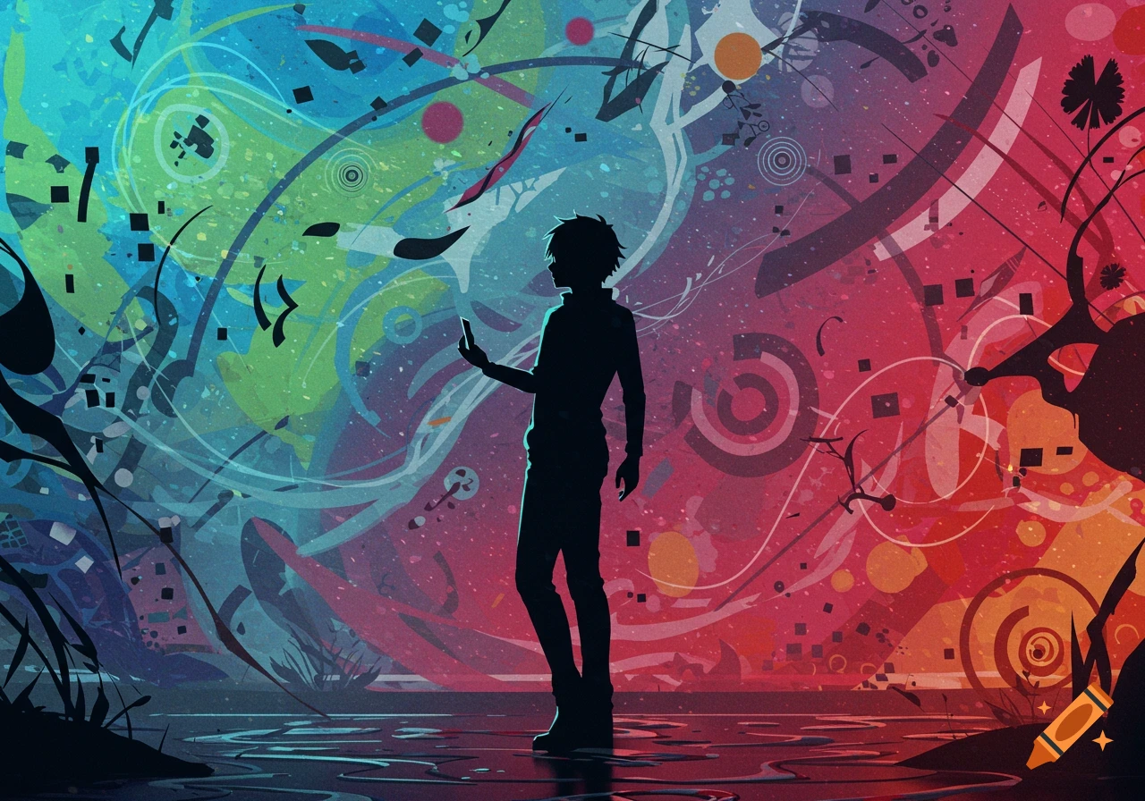 A silhouette of a person looking at a phone while standing in water, against a vibrant, swirling abstract background in blue, green, red, and orange.