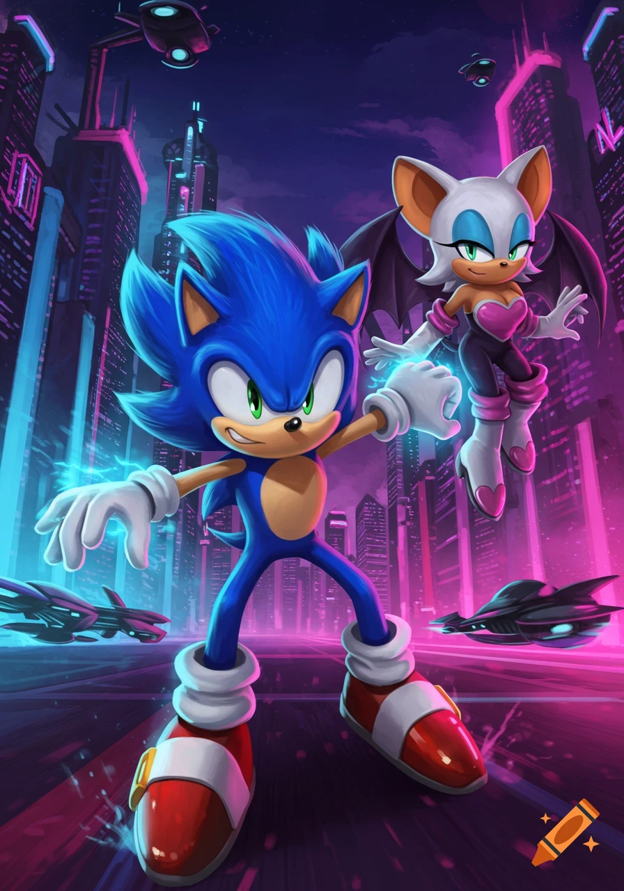 Sonic the Hedgehog and Rouge the Bat with glowing hands in a vibrant, neon-lit futuristic city at night with flying vehicles.