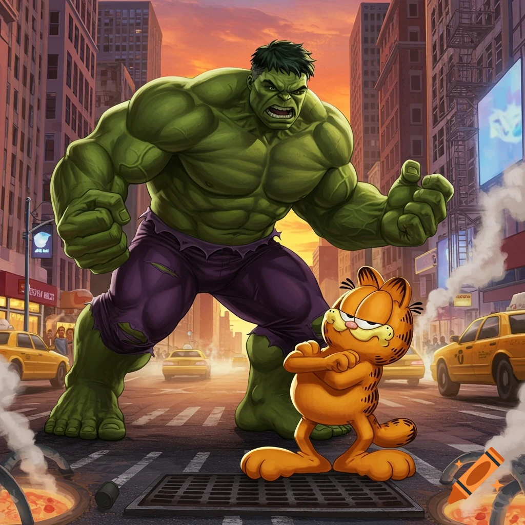 Hulk and Garfield face off on a busy city street in a comic book art style.
