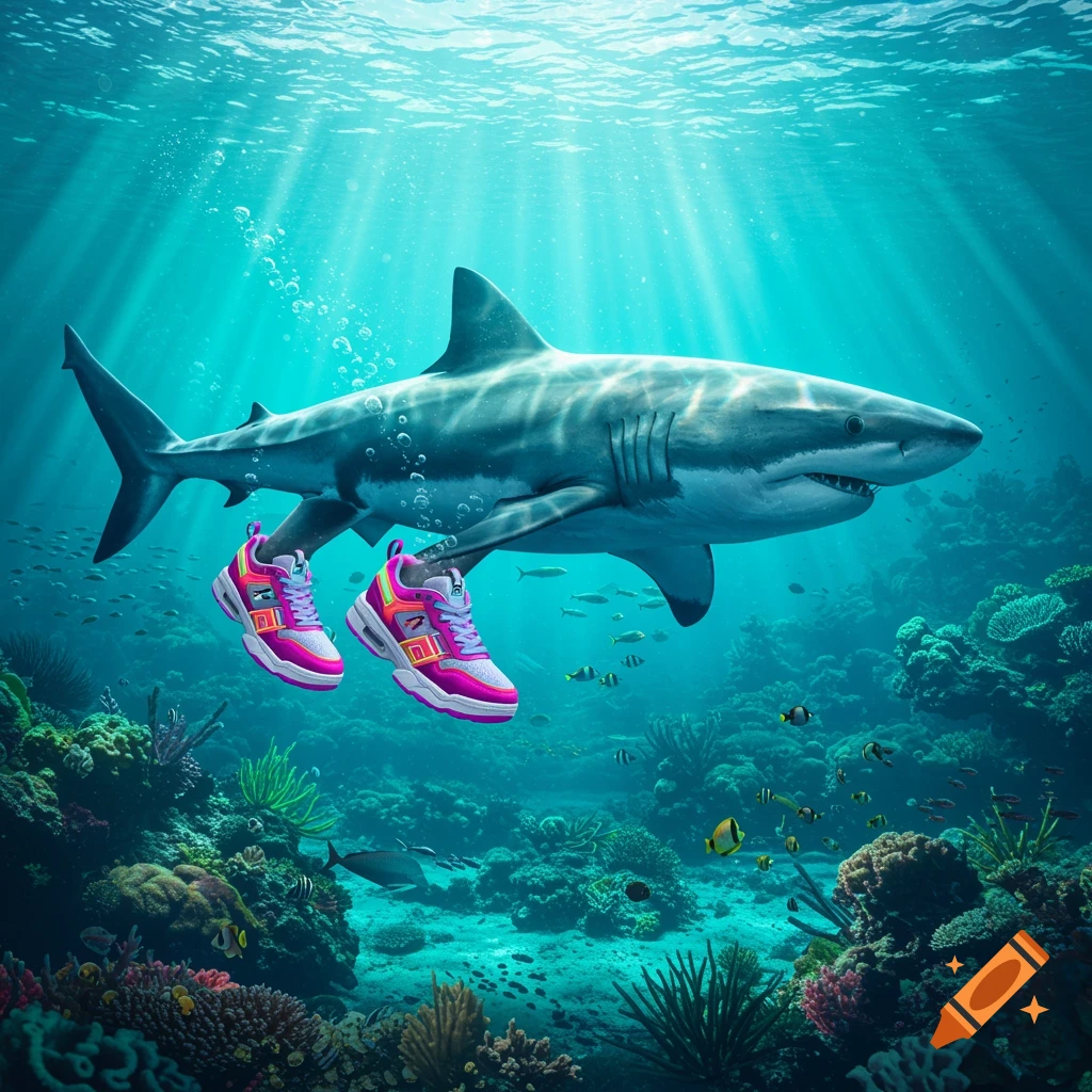 A large shark swims underwater with two vibrant pink and purple sneakers floating near its fins, set against a colorful coral reef.