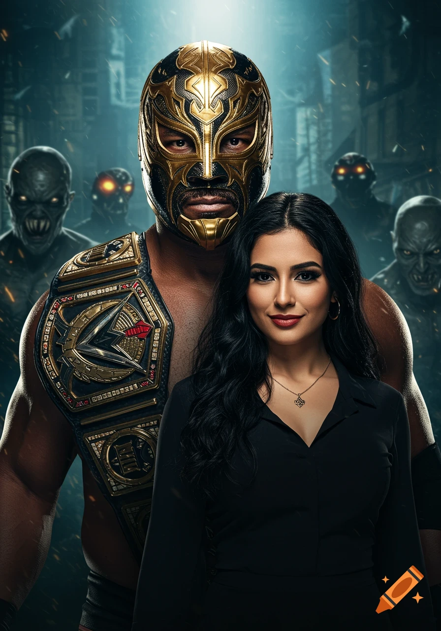 Photorealistic image of a masked wrestler with a championship belt and a woman, eerie zombie-like figures in the background.