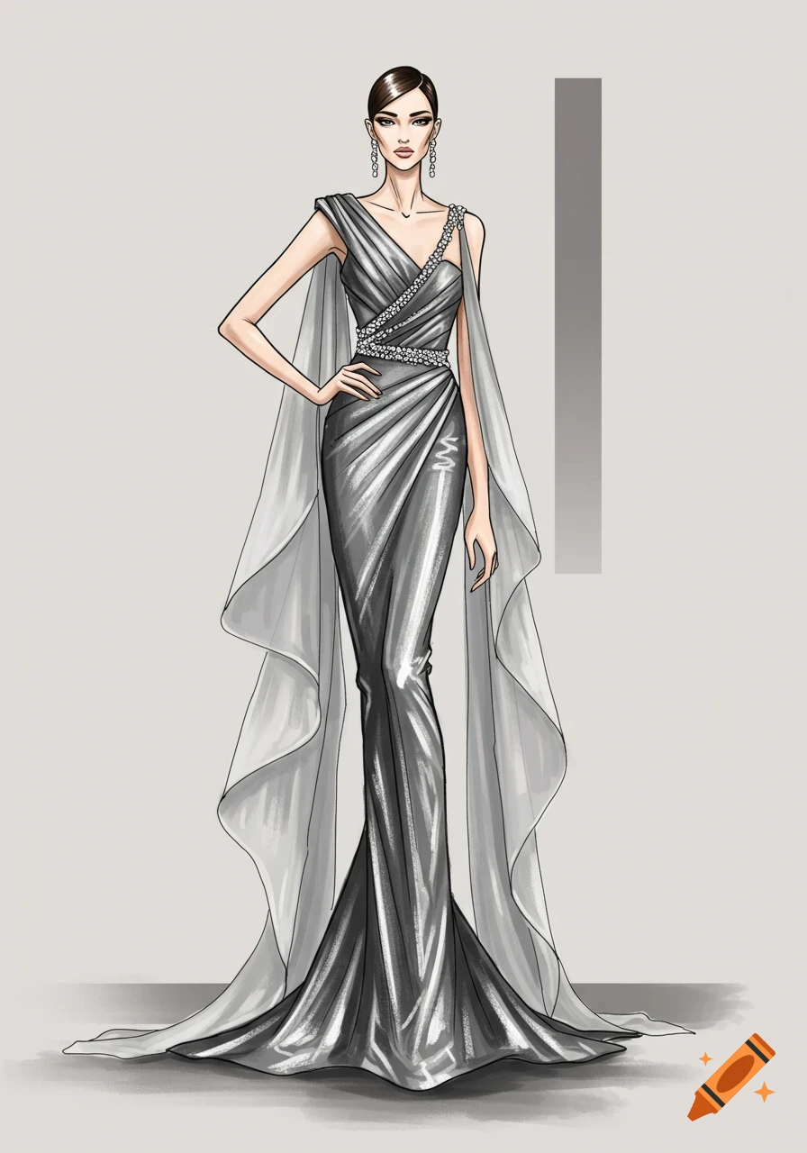 A fashion sketch of a woman wearing a flowing silver gown with a train and intricate beading.