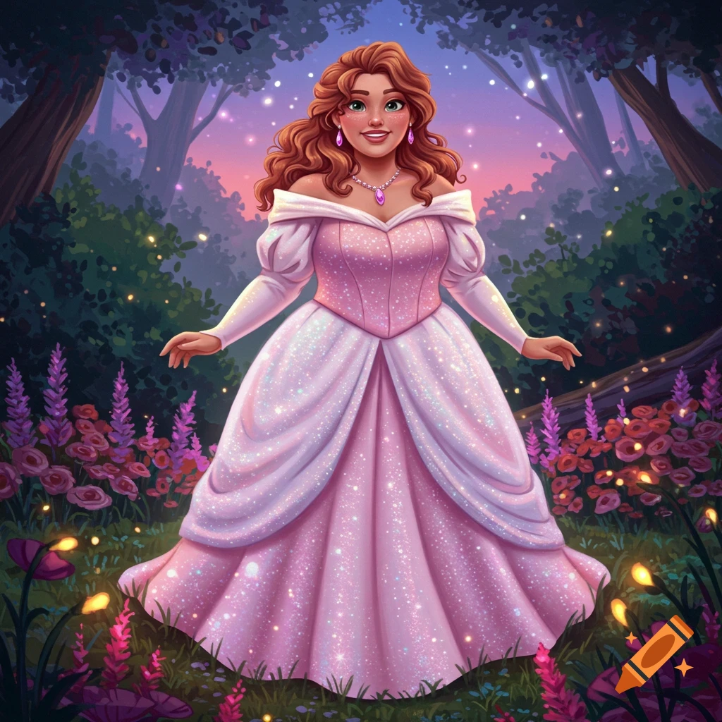 A cartoon princess with long brown hair in a sparkling pink gown stands in an enchanted forest with glowing fireflies.