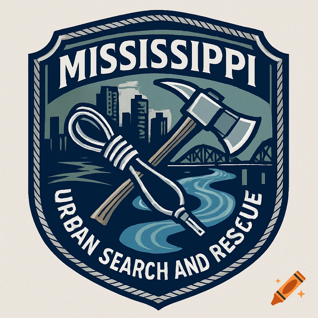 A stylized emblem featuring a cityscape, a winding river, a pickaxe, and a coiled rope, with text 'MISSISSIPPI URBAN SEARCH AND RESCUE'.