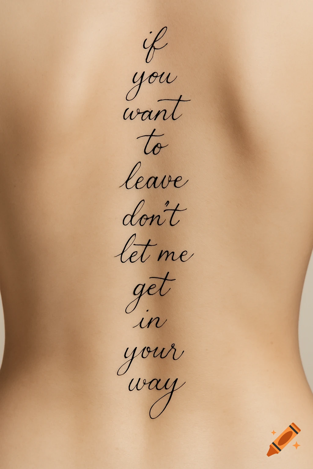 A close-up of a person's bare back with a vertical black script tattoo that reads, 'if you want to leave don't let me get in your way'.