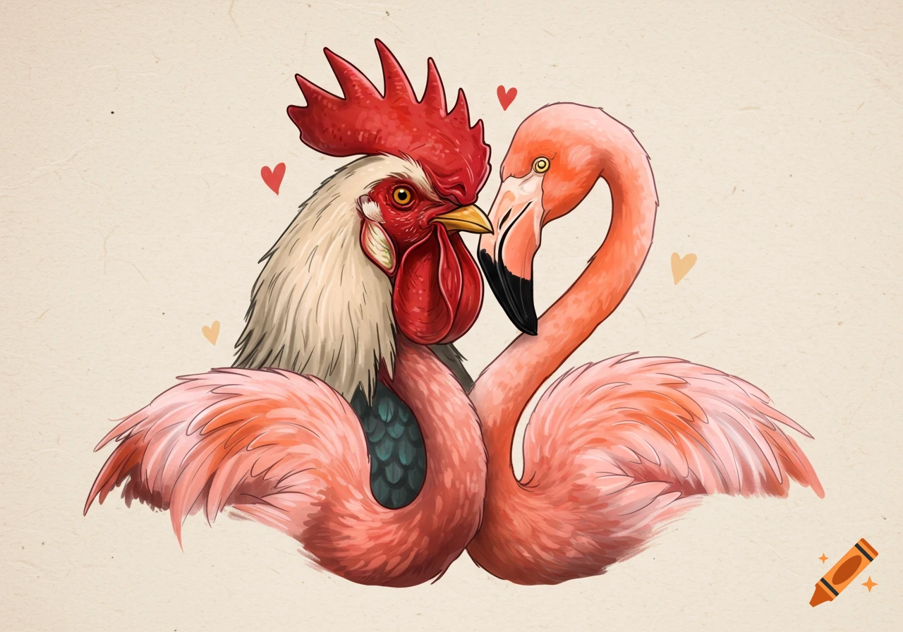 Illustrated rooster and flamingo in a loving embrace, surrounded by hearts.