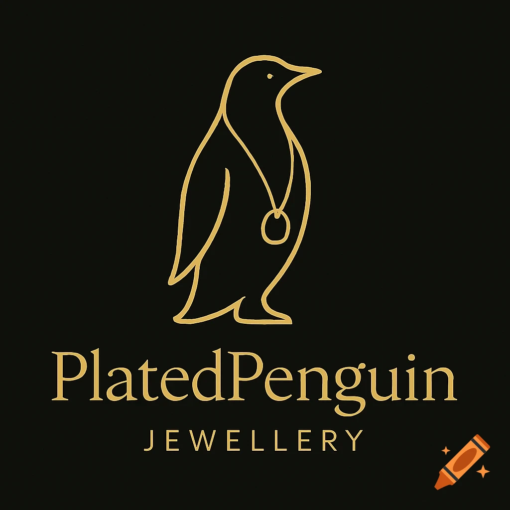 Minimalist gold line art logo of a penguin wearing a necklace, with 'PlatedPenguin JEWELLERY' text below, on a black background.