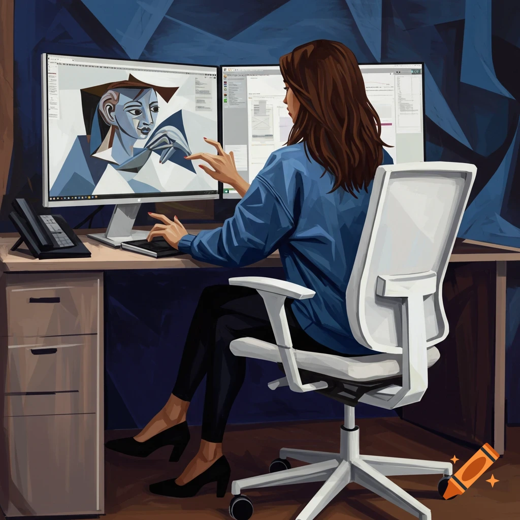 Digital art of a woman from behind, typing at a desk with dual monitors, one showing a Picasso-style portrait.