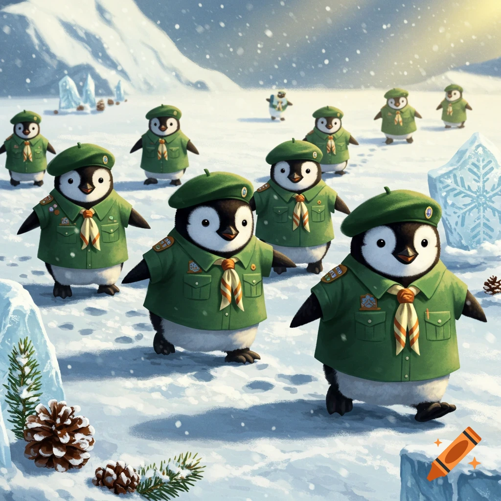 A group of adorable cartoon penguins wearing green scout uniforms and berets walk through a snowy landscape with ice formations and pine cones.