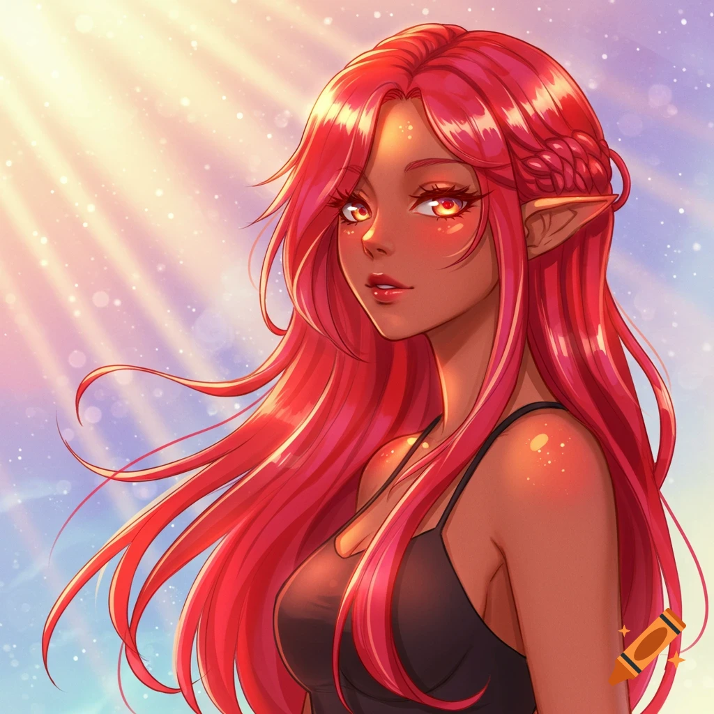 Anime portrait of a dark-skinned elf girl with long, flowing red hair and pointy ears, bathed in sunlight.