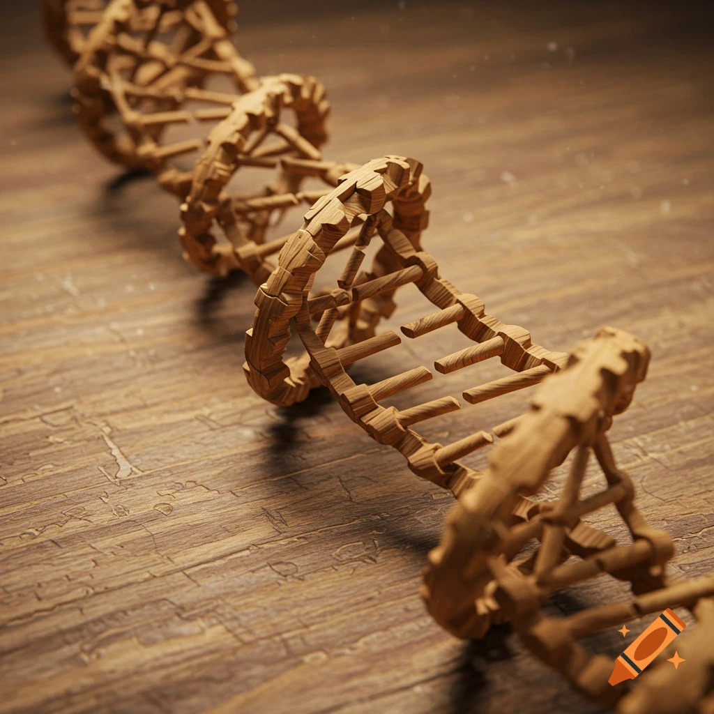 A detailed wooden DNA helix structure, resembling gears, resting on a textured wooden surface in a photorealistic style.