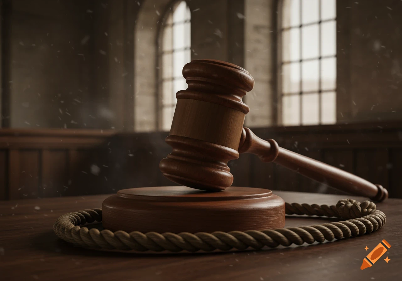 A photorealistic image of a wooden gavel on a table with a coiled rope, in a dimly lit courtroom with blurred windows in the background.