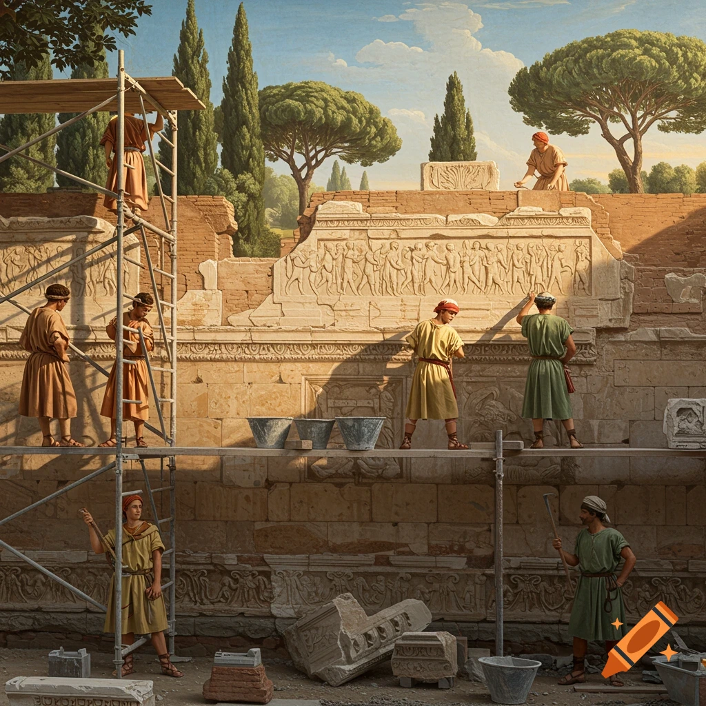 Men in ancient Roman attire repair a large stone wall with intricate carvings, using scaffolding under a blue sky.