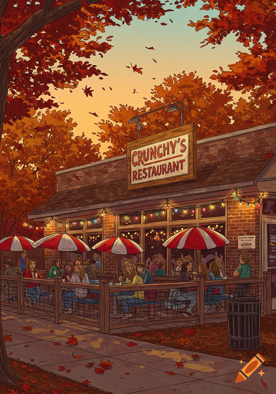 An illustration of a restaurant patio in autumn, with people dining outdoors under red and white umbrellas, surrounded by trees with orange leaves. The sky is a warm, soft color.