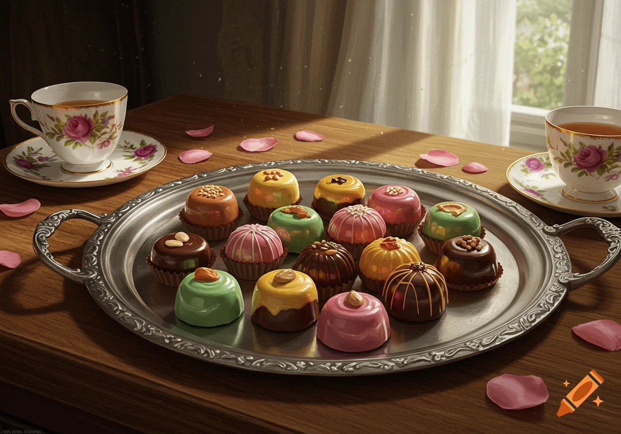 A silver tray of colorful bon bons on a wooden table with teacups and scattered rose petals, by a sunlit window.