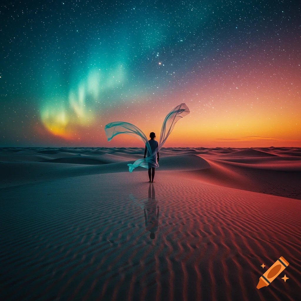 A lone figure stands in a vast desert under a vibrant starry night sky with a colorful aurora borealis. Flowing fabric extends from their back.