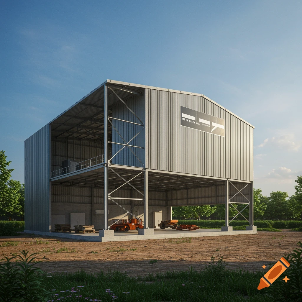 A large, open-sided metal building or shed stands in a field under a clear blue sky, with small construction equipment inside.