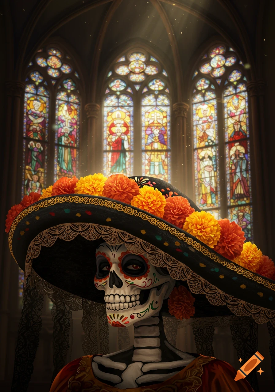 Stylized Catrina skeleton with floral hat in a church with stained glass windows.