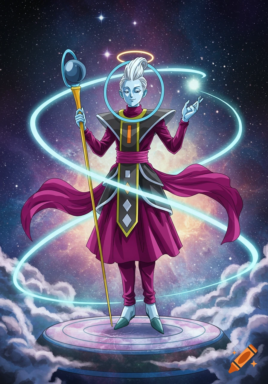 Whis from Dragon Ball Super, an angelic figure in a purple robe holding a staff, stands on a platform in space with a starry background.