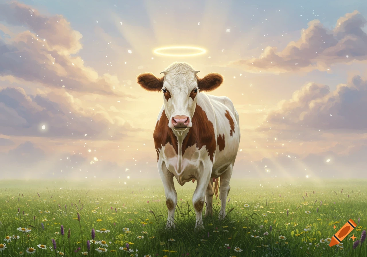 A brown and white cow with a golden halo stands in a vibrant green field under a glowing sky.