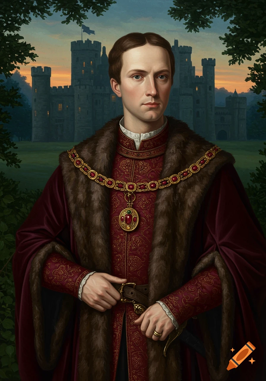 A realistic portrait painting of a man in red royal robes with fur trim and an elaborate golden chain, standing before a medieval castle at dusk.