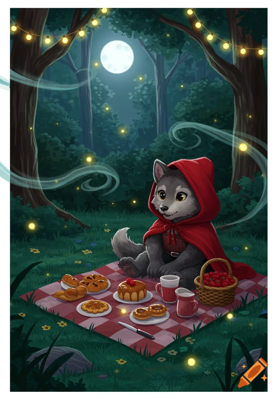 A cute wolf in a red hood sits on a checkered picnic blanket in a moonlit forest with various pastries and berries.