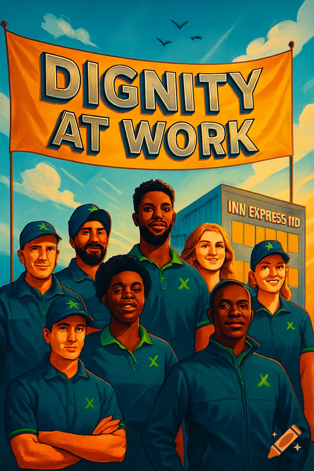 An illustration of diverse workers smiling in front of a building with an 'INN EXPRESS LTD' sign, under a banner reading 'DIGNITY AT WORK'.