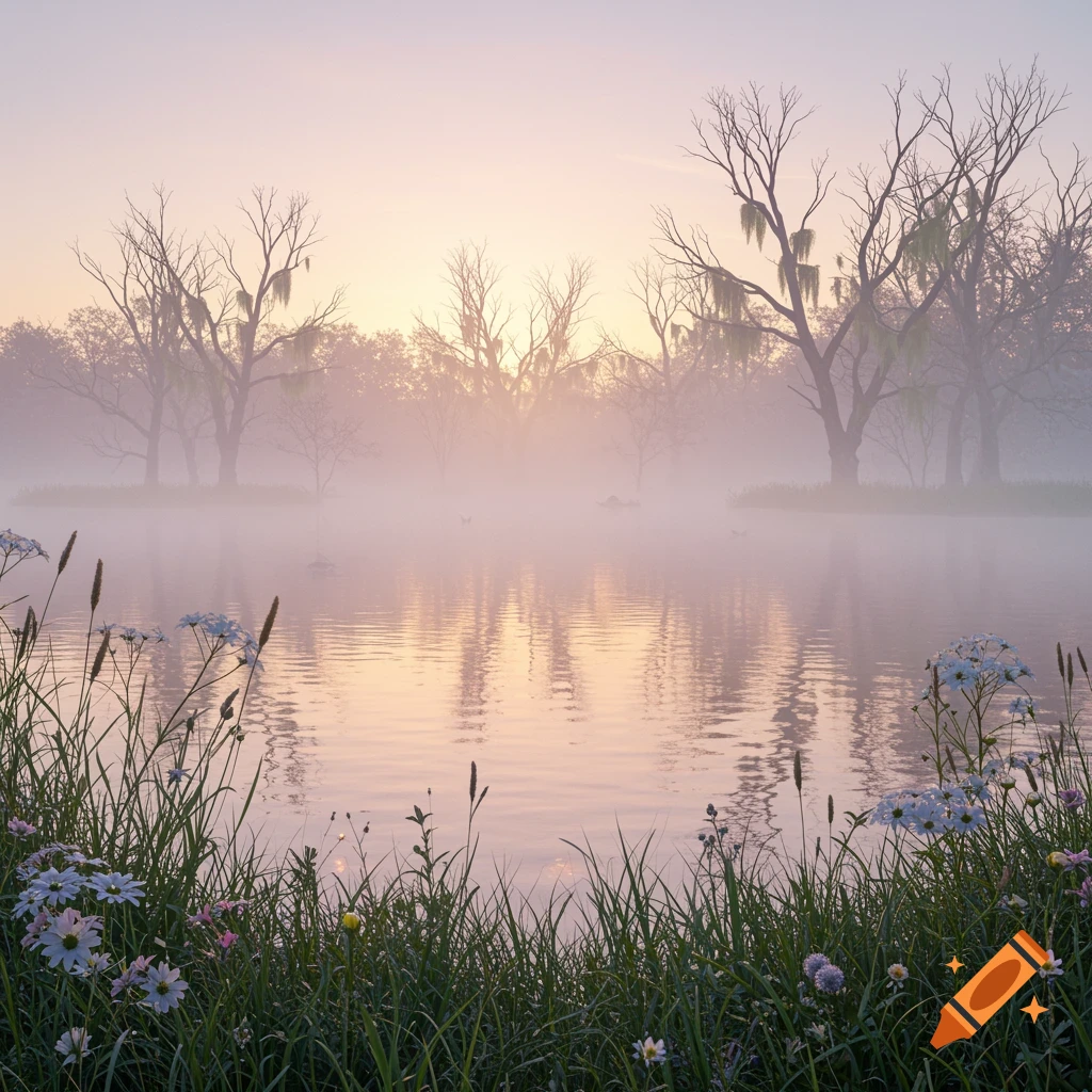 A misty lake at sunrise or sunset, with bare trees draped in moss reflecting on the water, and wildflowers in the foreground.