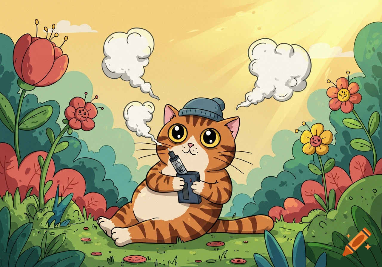 A cartoon cat wearing a beanie hat sits in a grassy field among flowers, exhaling vape clouds from a device.