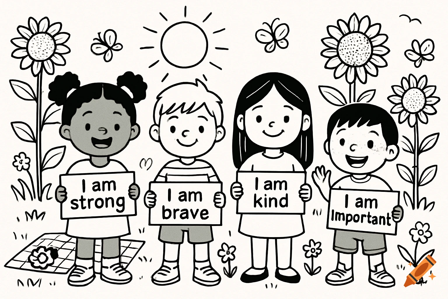 Four happy cartoon children holding signs with affirmations 'I am strong', 'I am brave', 'I am kind', 'I am Important' in black and white line art.