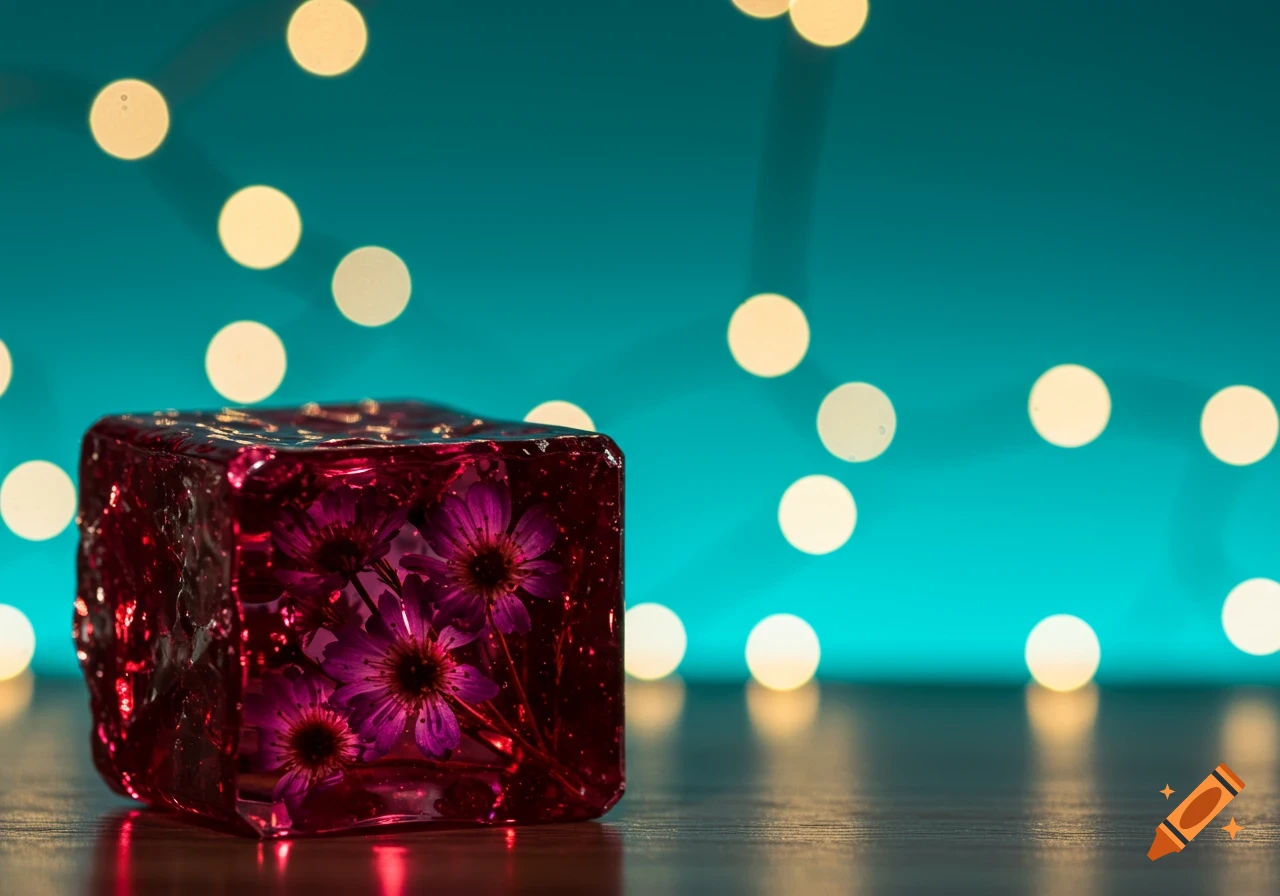 A translucent, reddish-pink cube containing vibrant purple flowers sits on a wooden surface against a blurred turquoise background with golden bokeh lights.