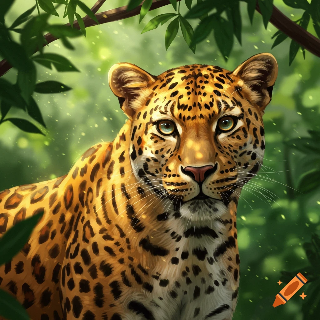A majestic leopard with bright green eyes peeks through lush green jungle foliage, rendered in a vibrant digital painting style.
