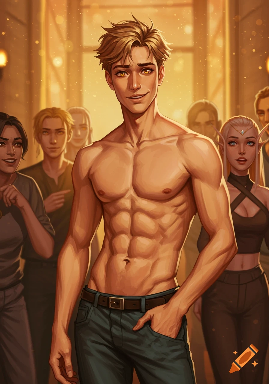A confident, shirtless man with messy blonde hair and amber eyes smiles, standing in a golden room with other fantasy characters in the background, in anime style.