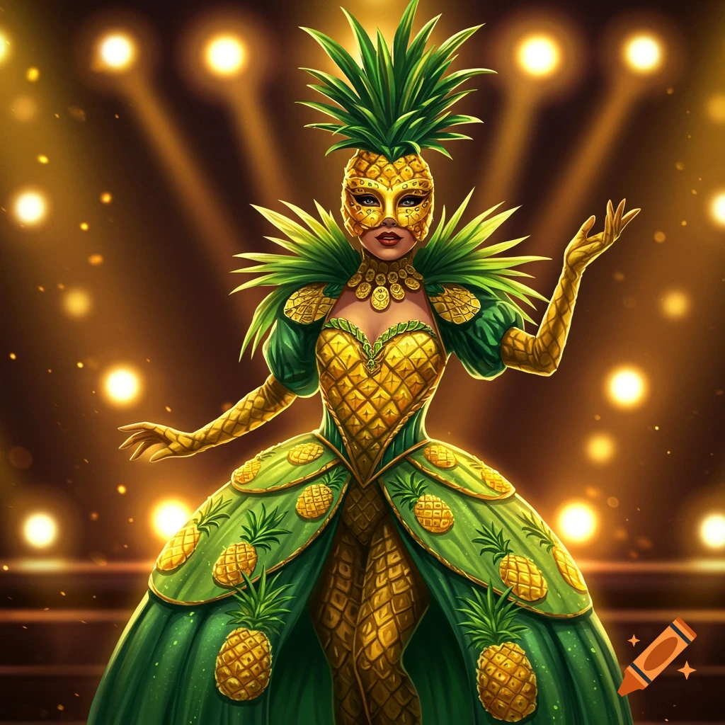 Woman in an elaborate green and gold pineapple costume with a mask and headpiece, illuminated by spotlights on a stage.