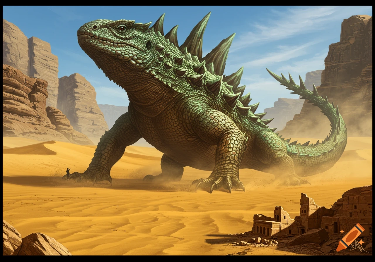 A colossal green spiky lizard dominates a vast sandy desert, with towering rock formations and ancient ruins in the background.