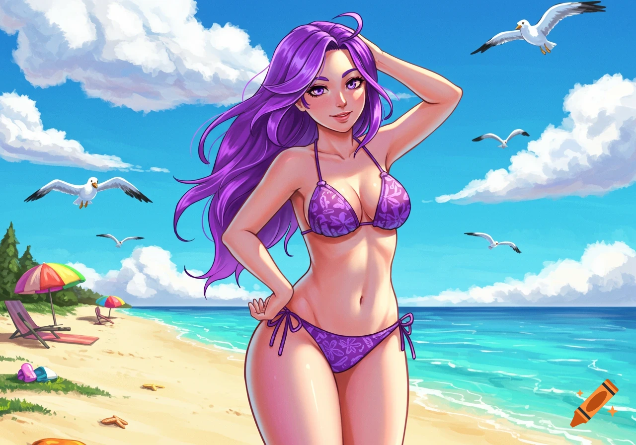 An anime-style illustration of a woman with long purple hair wearing a purple bikini on a sunny beach.
