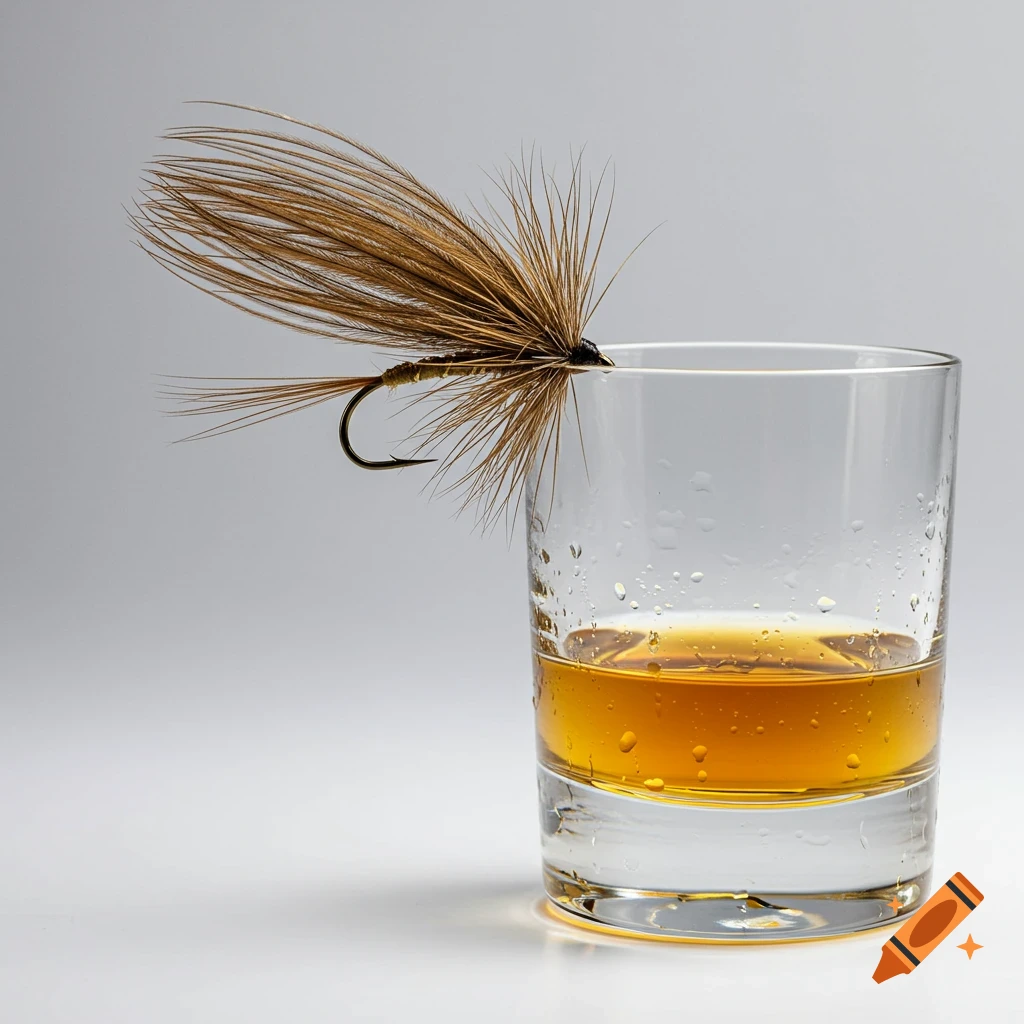 A photorealistic image of an elk hair caddis dry fly resting on the rim of a glass containing amber whiskey, on a white background.