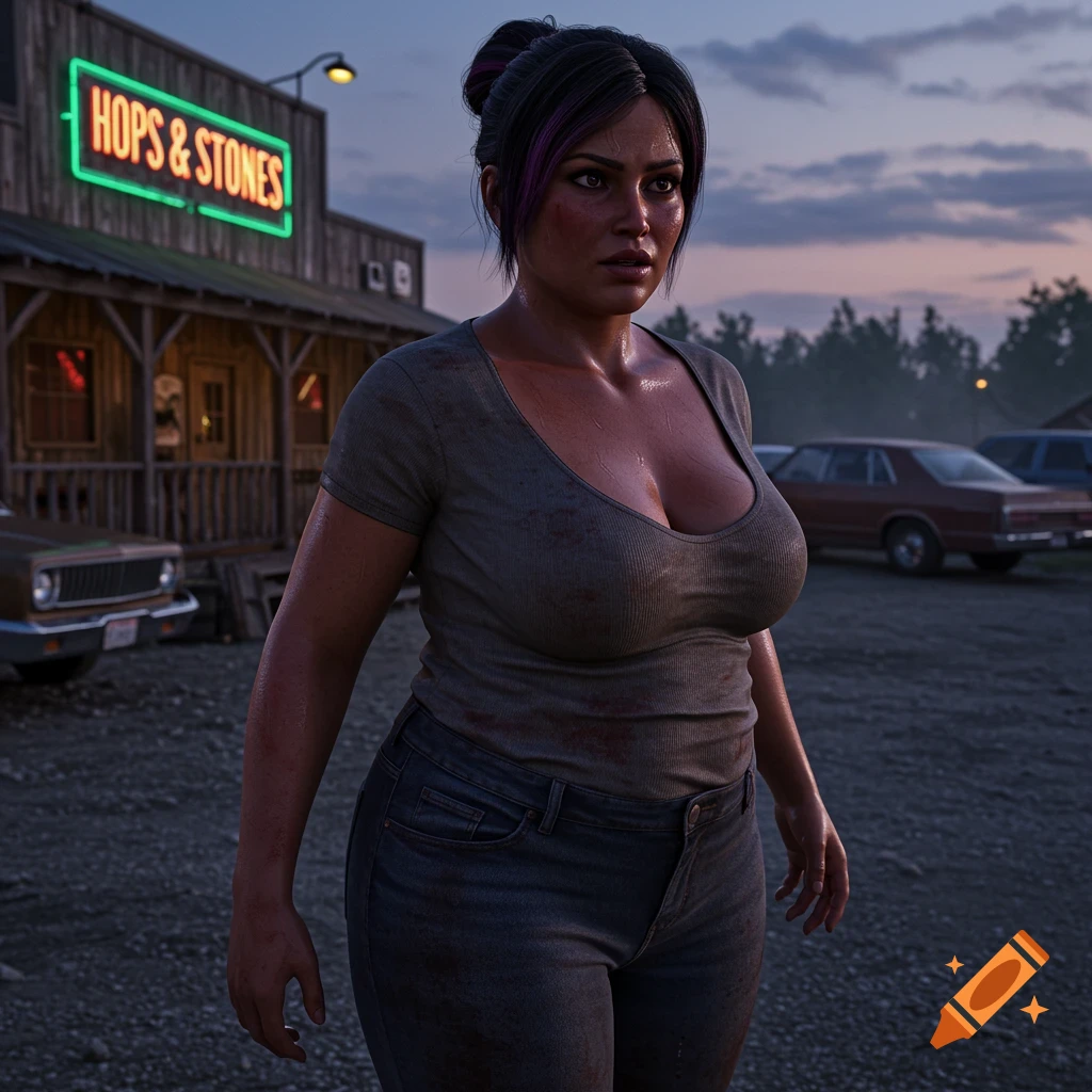 A determined woman stands in a gravel parking lot in front of 'Hops & Stones' tavern at dusk, photorealistic.