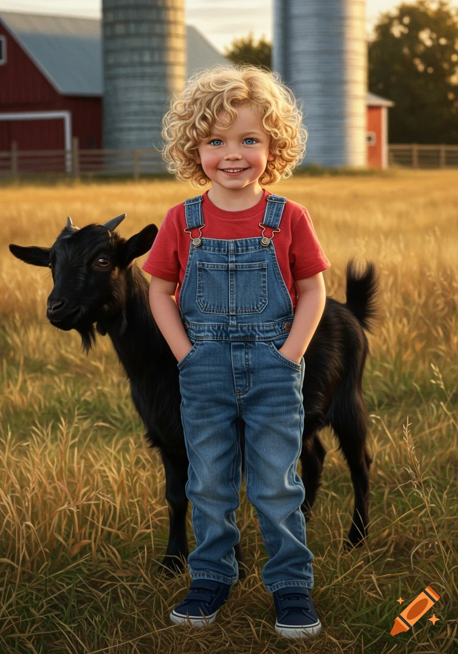 Photorealistic portrait of a joyful young boy with curly blonde hair and a black goat standing in a golden field with a barn and silos.