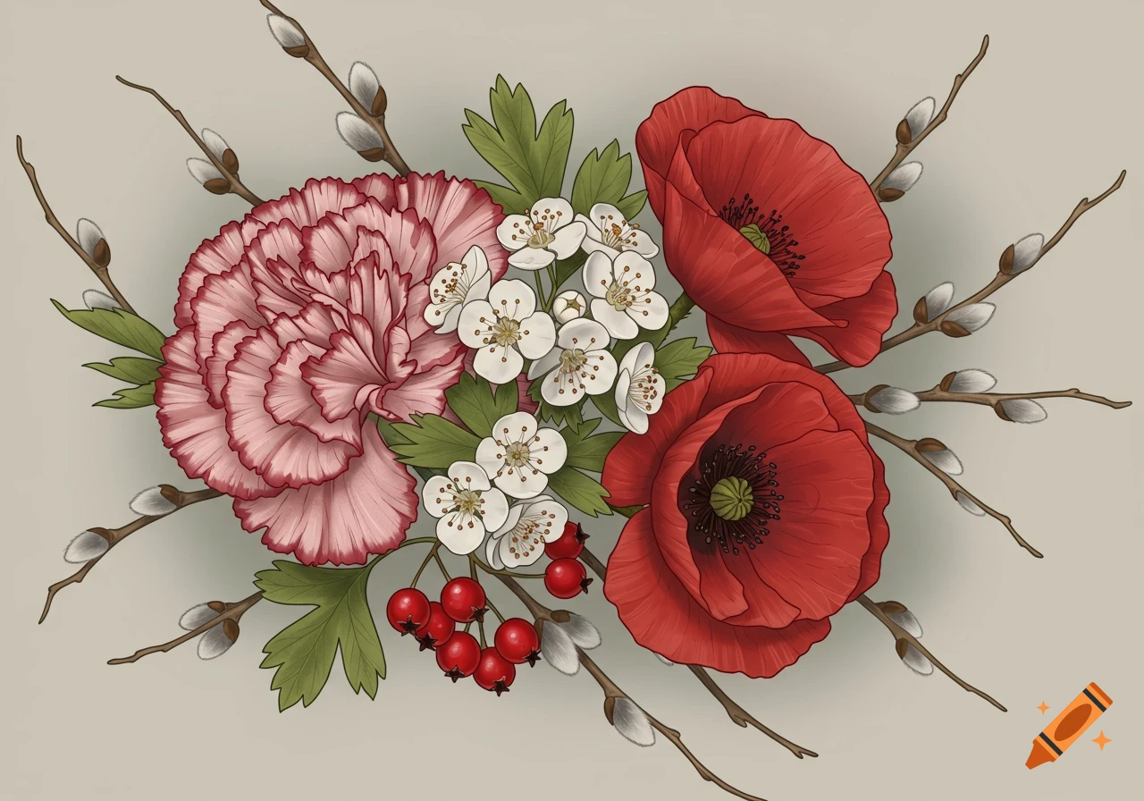 An illustration of a bouquet with a pink carnation, red poppies, white hawthorn flowers, red berries, and willow branches.