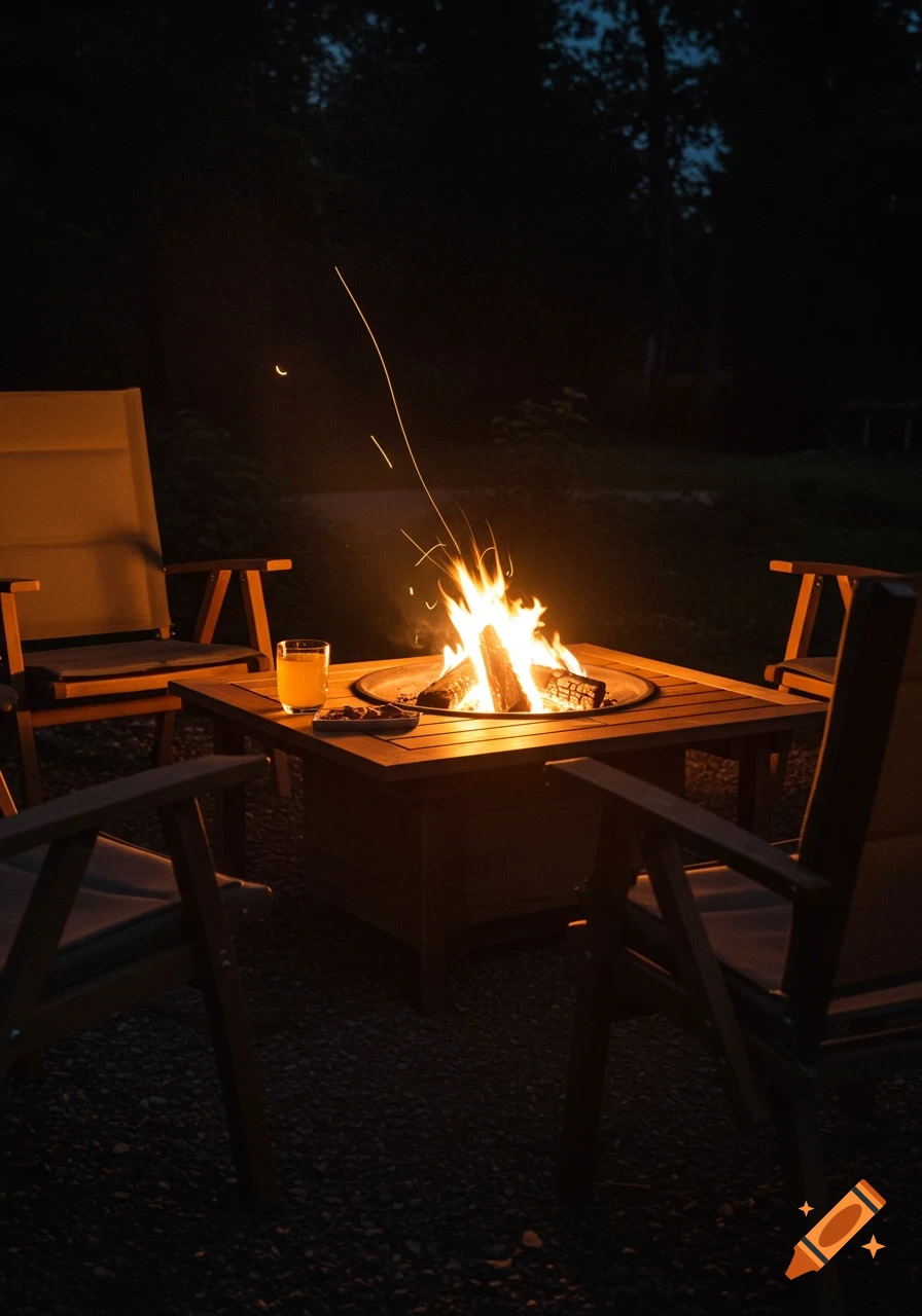 A cozy night scene with a brightly burning campfire in a wooden fire pit table, surrounded by three chairs, and a drink on the table.