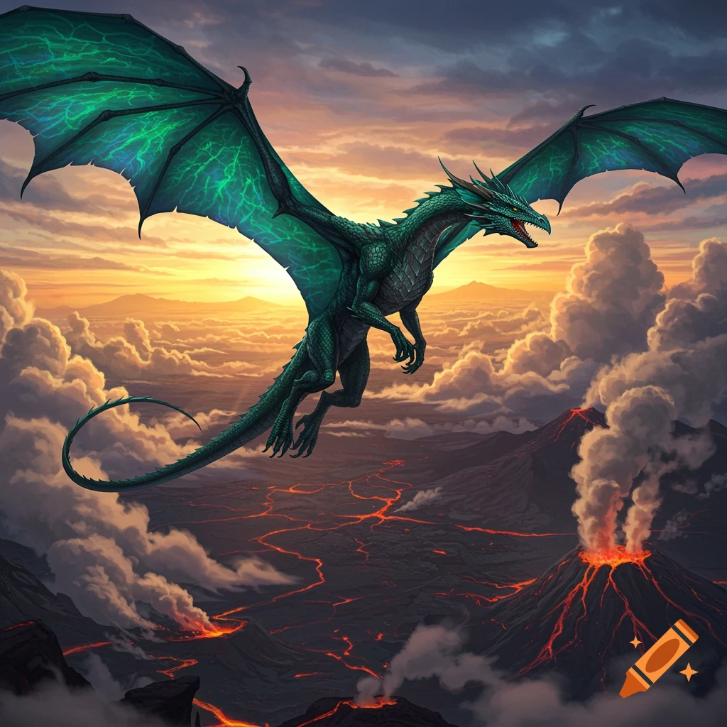 A green dragon with large wings flies over an active volcanic landscape at sunset.